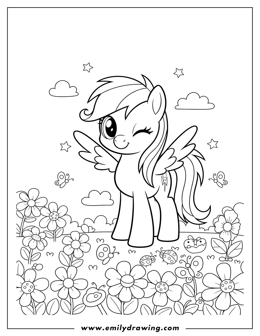 Linear illustration of kawaii Rainbow Dash pegasus winking in a flower field for preschoolers