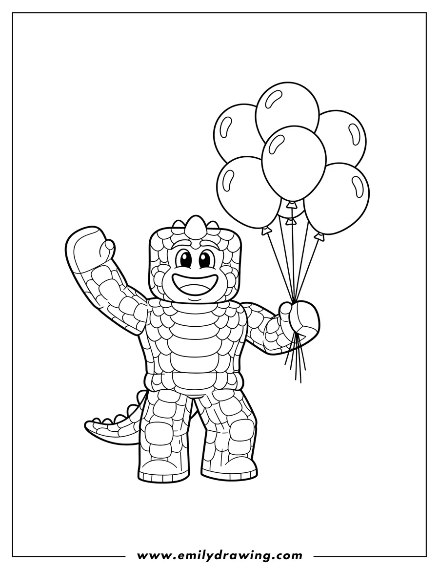 Black and white line art of roblox Rainbow Friend Scaled, smiling, raising an arm, and holding balloons