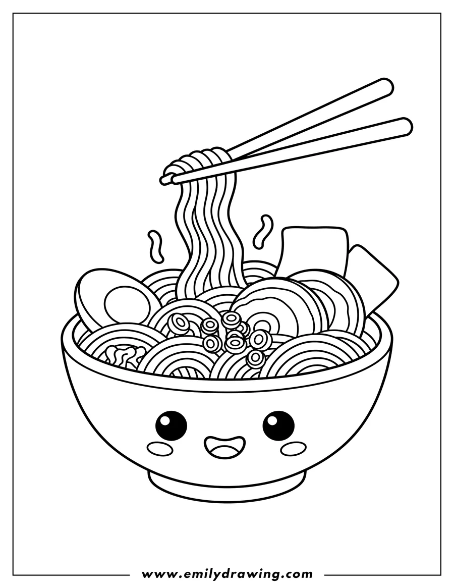 Printable coloring page of ramen Scaled with noodles, sliced meat, and an egg