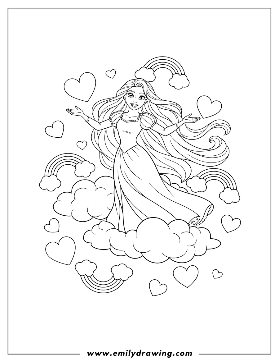 Black and white line art of rapunzel with long flowing hair, smiling and floating on clouds, surrounded by hearts and rainbows