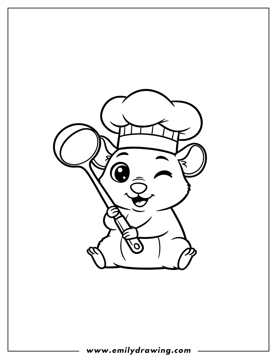 Coloring page for kids: A kawaii Ratatouille sitting and winking, holding a tall ladle, for preschoolers