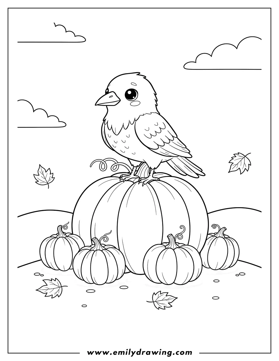 Coloring page of kawaii Raven standing on a large pumpkin, with smaller pumpkins around it Preschoolers