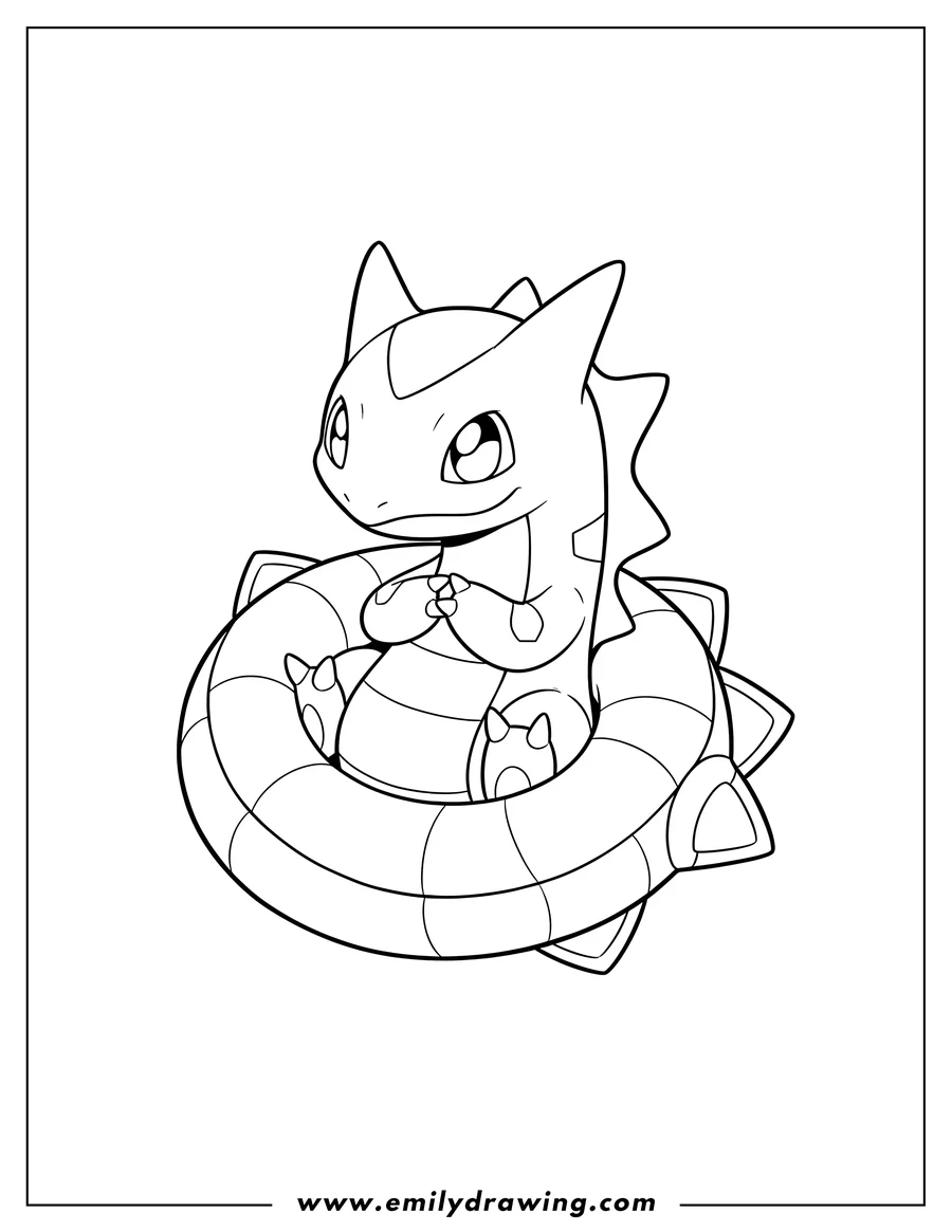 Outline drawing of kawaii Rayquaza coiled up with clasped hands
