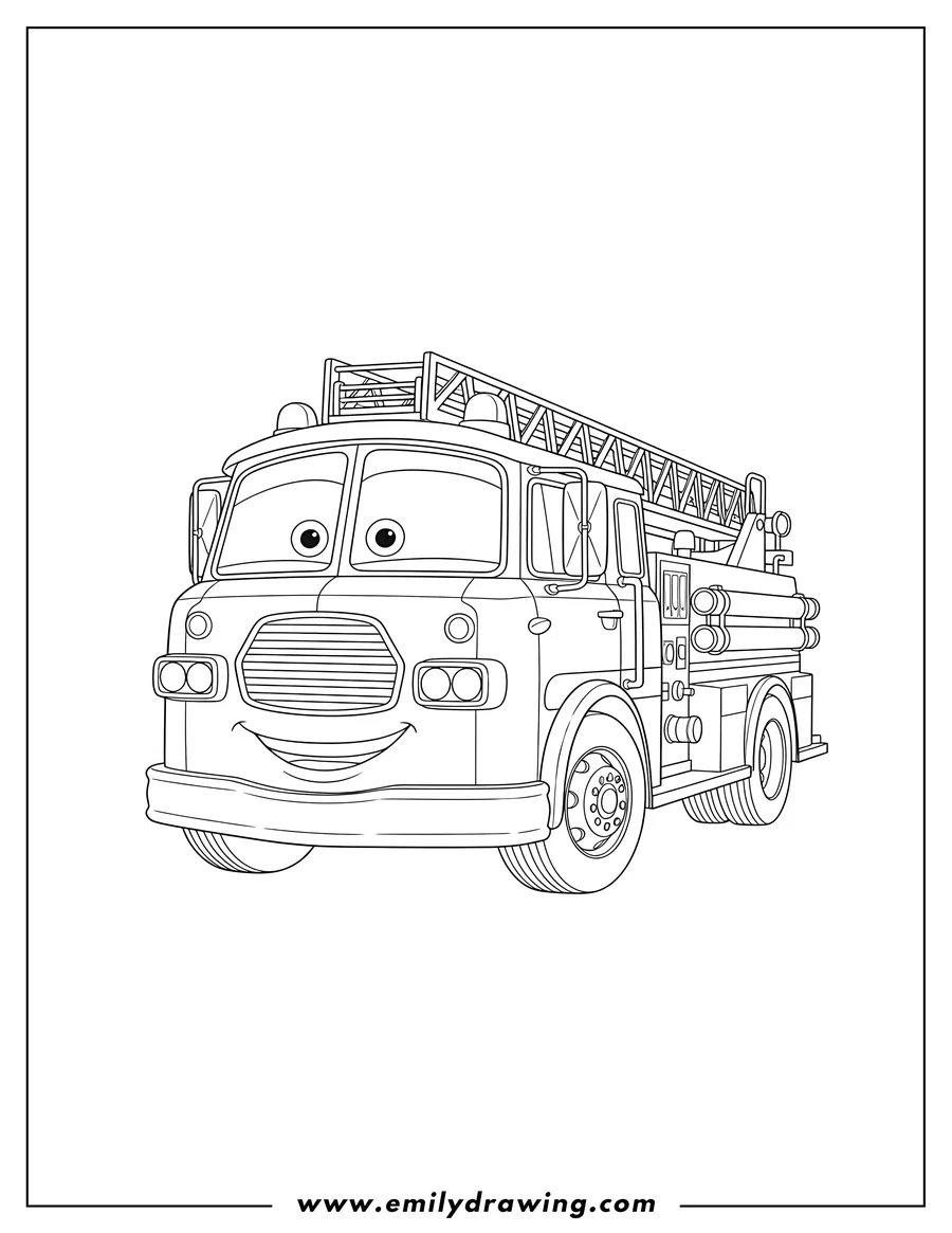 Printable coloring page of red the Fire Truck from the Cars movie with a friendly smile
