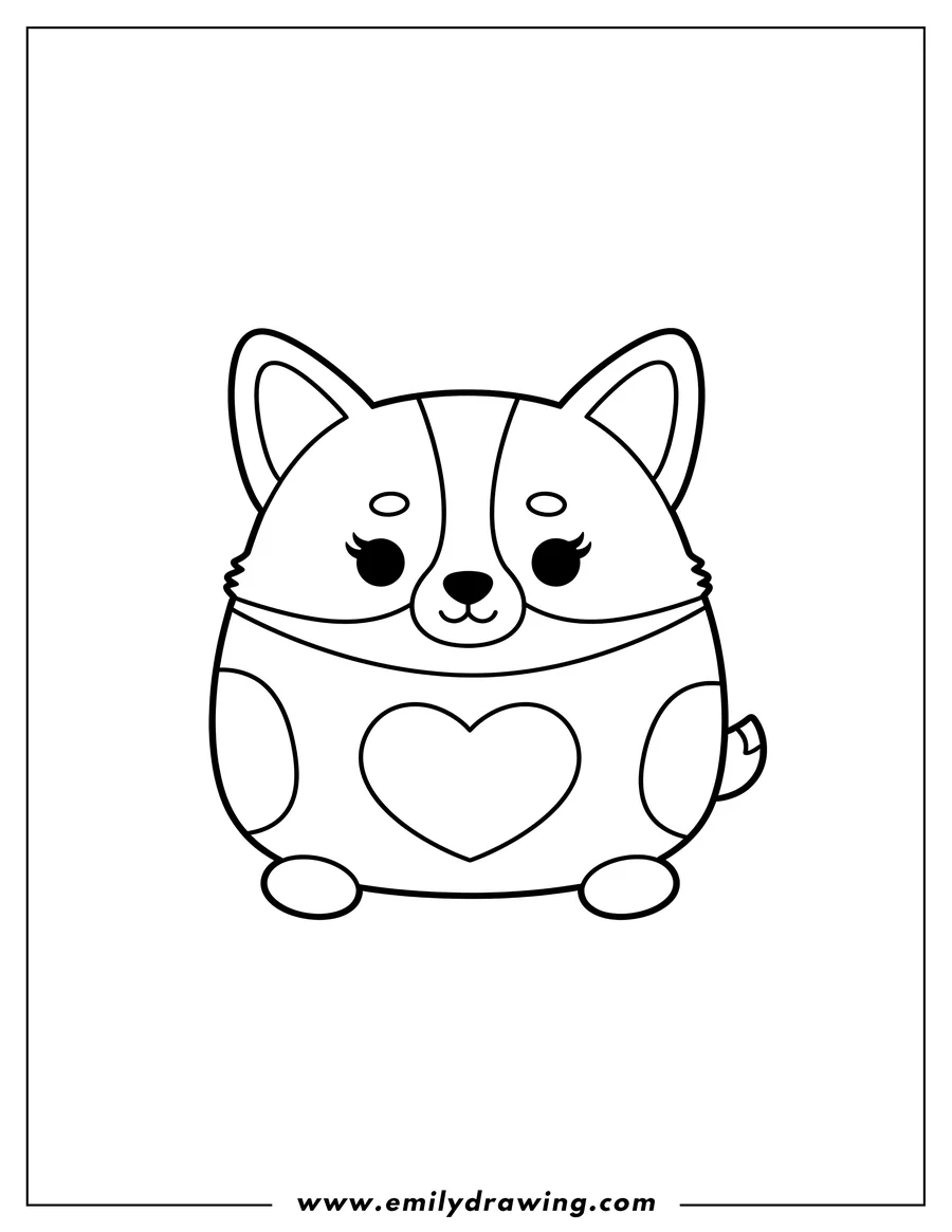 Printable line art of kawaii Regina Corgi Squishmallow coloring page, simple face with eyelashes