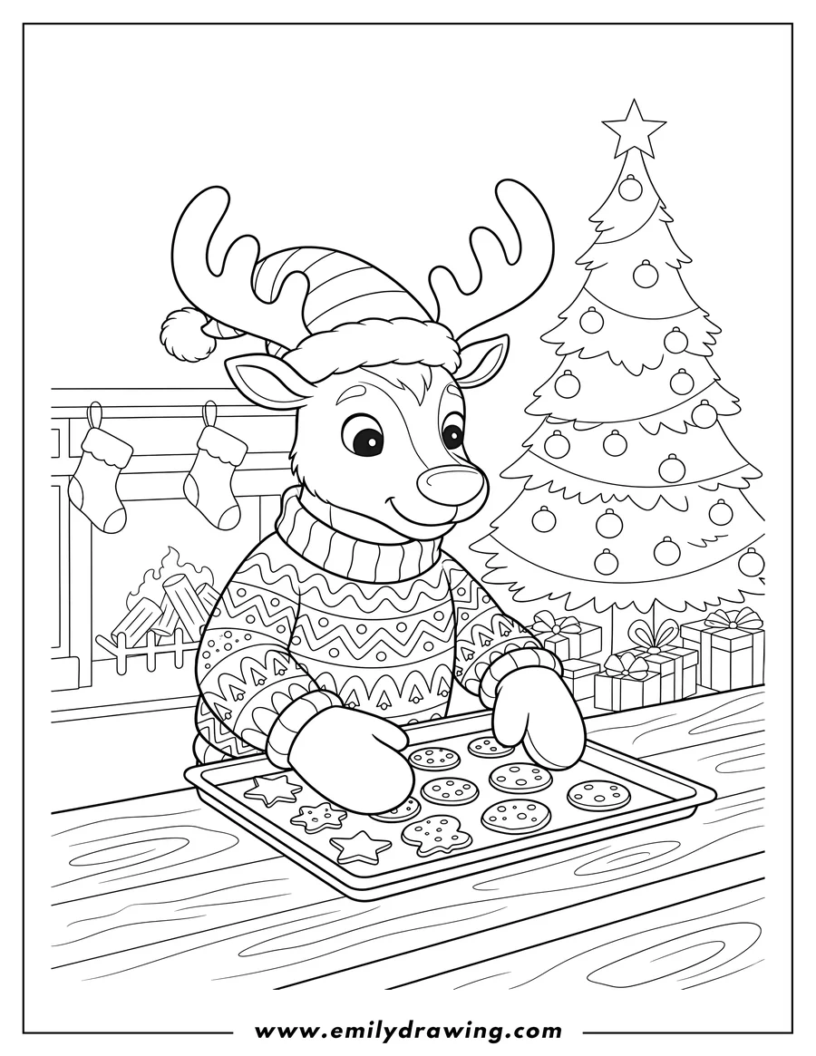 Clean line drawing: reindeer in a Santa hat and sweater, placing cookies on a baking sheet on Christmas