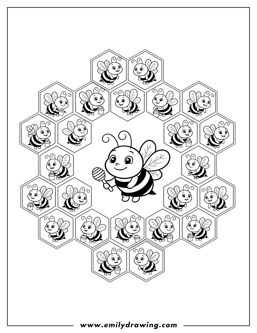 Vector style outline of repeating Bees within a Honeycomb Pattern