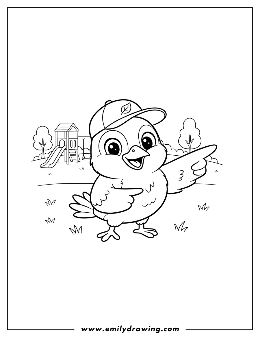 Free printable coloring sheet of rio Nico On Park Preschoolers: a bird wearing a hat and pointing its wing