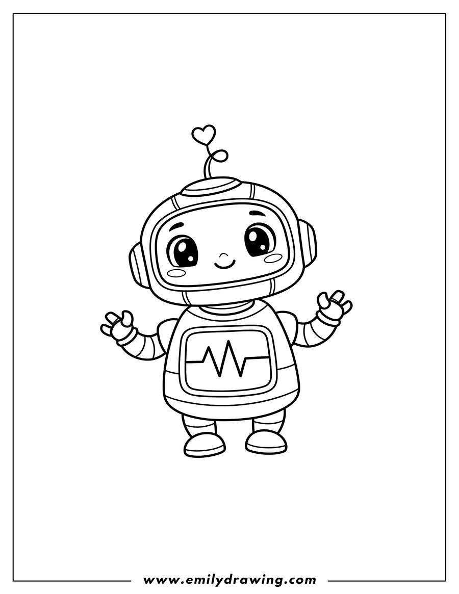 Printable coloring page of kawaii Robot With Antenna, standing with a chest screen showing a waveform