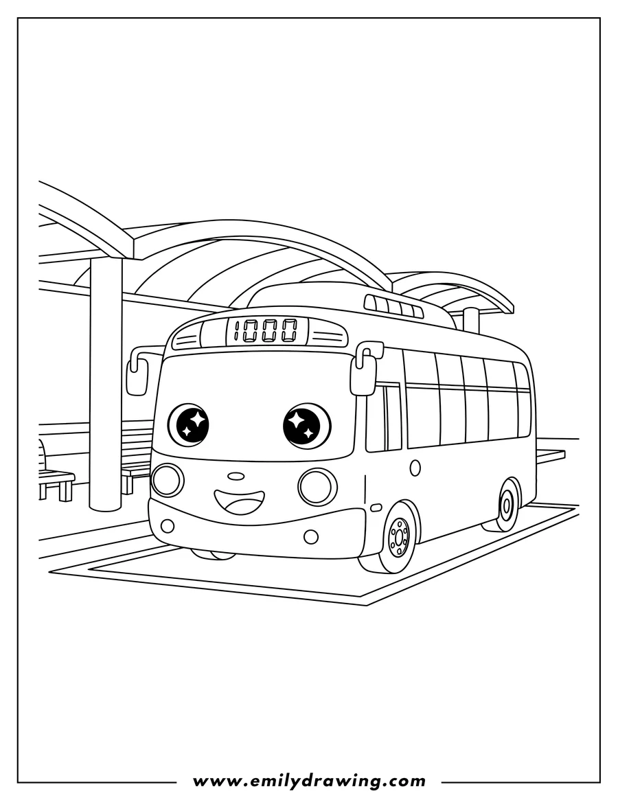 PDF style coloring page: kawaii Rogi, a friendly bus with the number 1000 on its display, at a bus terminal