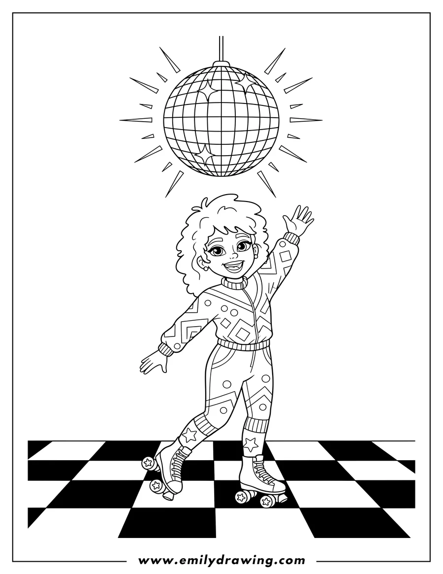 High quality printable roller Skating Girl Under Disco Ball On Checkered Floor 80S, smiling with a raised arm for coloring