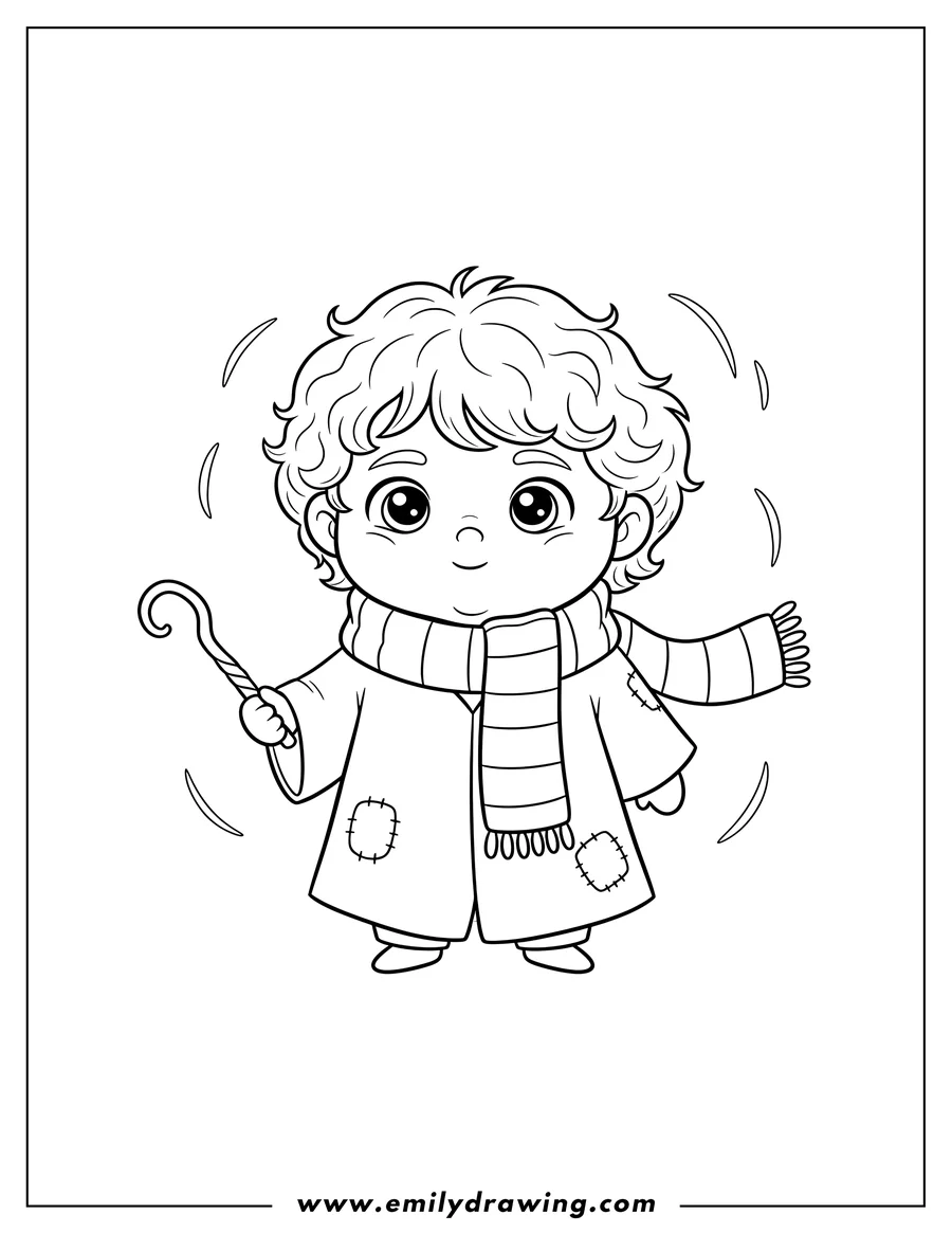 Downloadable coloring page of kawaii Ron Weasley Preschoolers holding a wand and wearing a striped scarf
