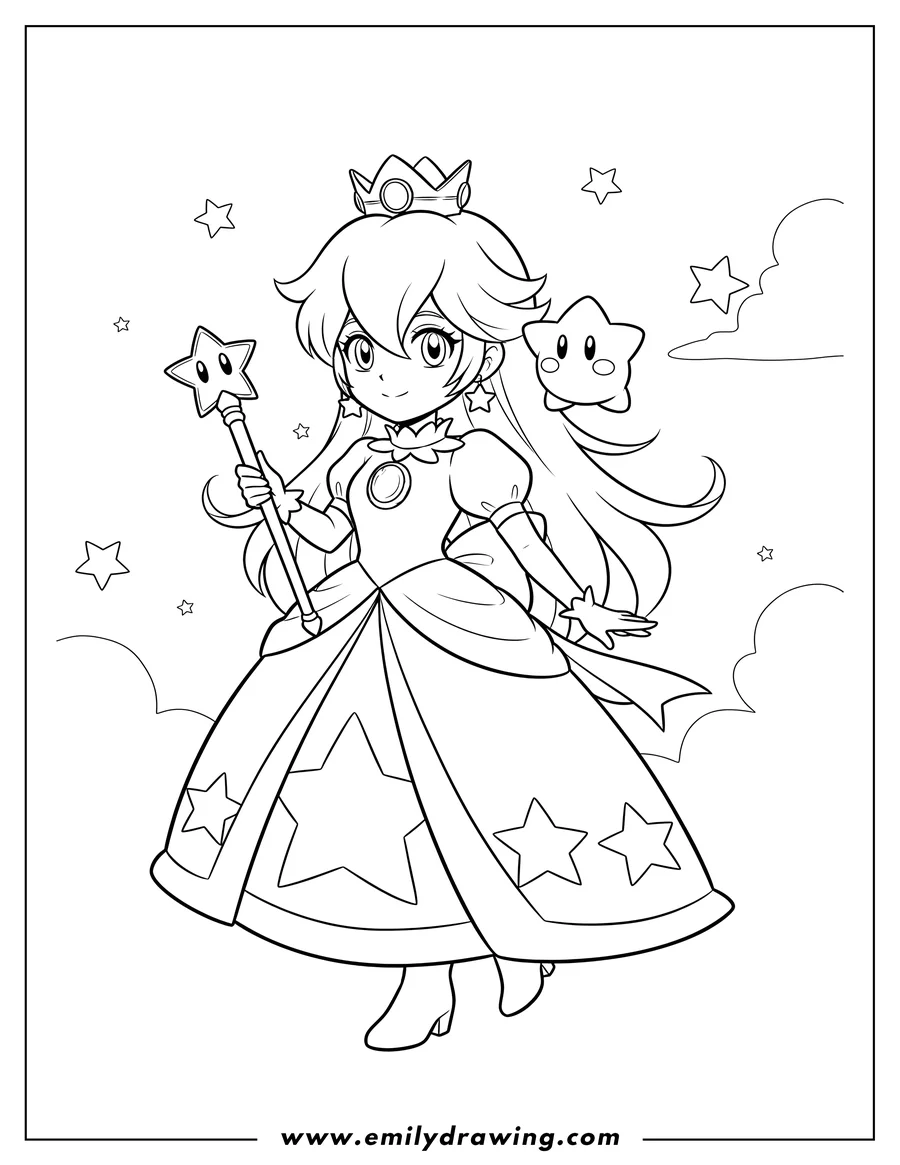 Doodle style coloring picture of kawaii Rosalina wearing a crown and holding a star wand, with Luma
