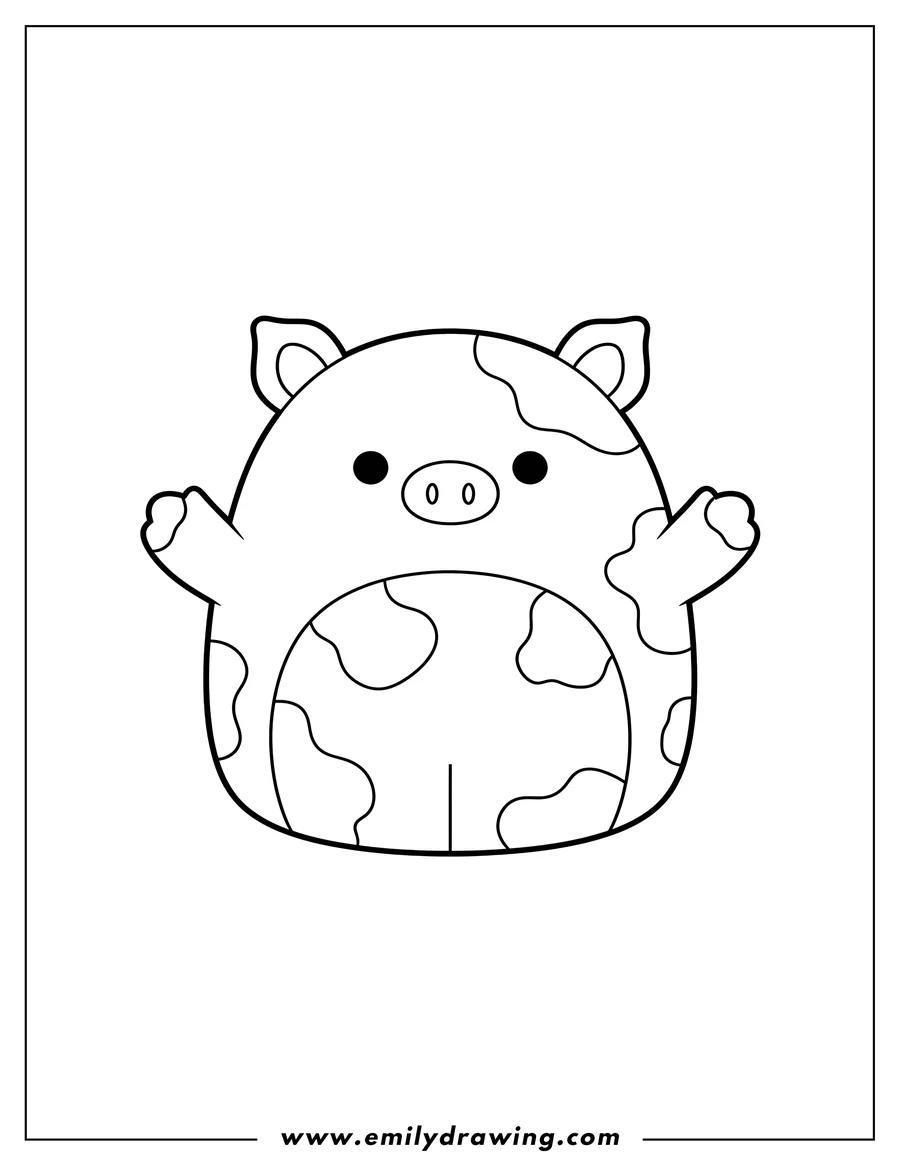 High quality printable rosie Pig Squishmallow with cow spots, front view for coloring