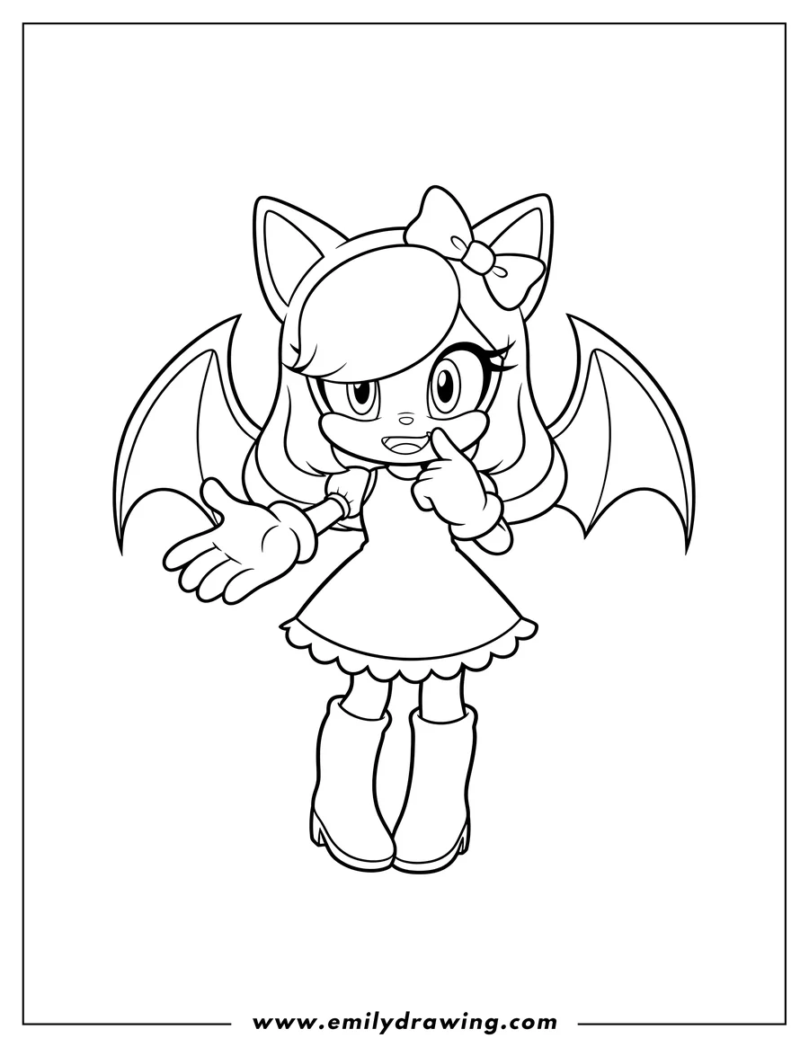Free printable coloring sheet of kawaii Rouge Bat V2, standing, smiling, with one hand extended and the other touching her lip