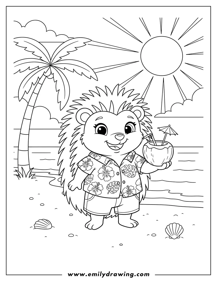 Simple sketch of russel Ferguson, a cartoon hedgehog in a Hawaiian shirt, holding a coconut drink, at the beach to color