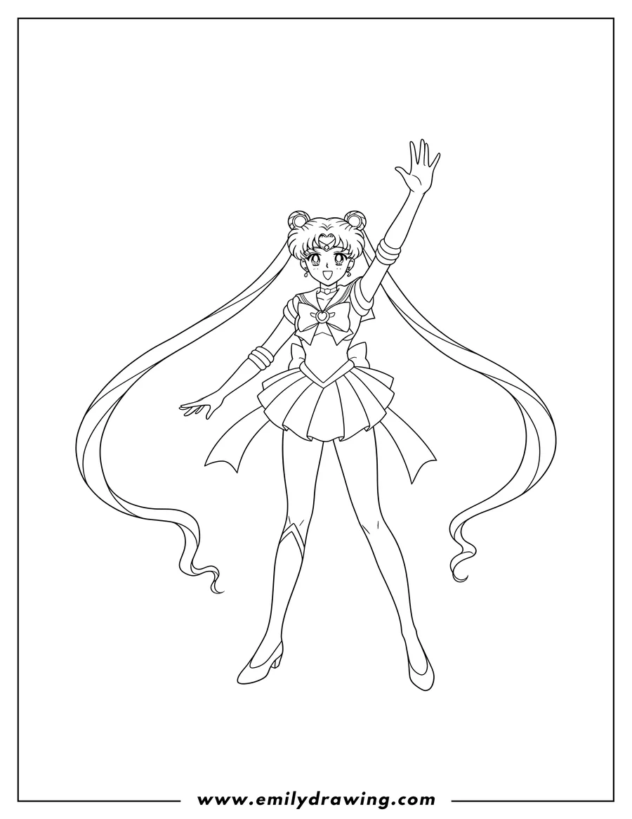 Simple sketch of sailor Moon Usagi Tsukino with long flowing hair and a raised hand to color