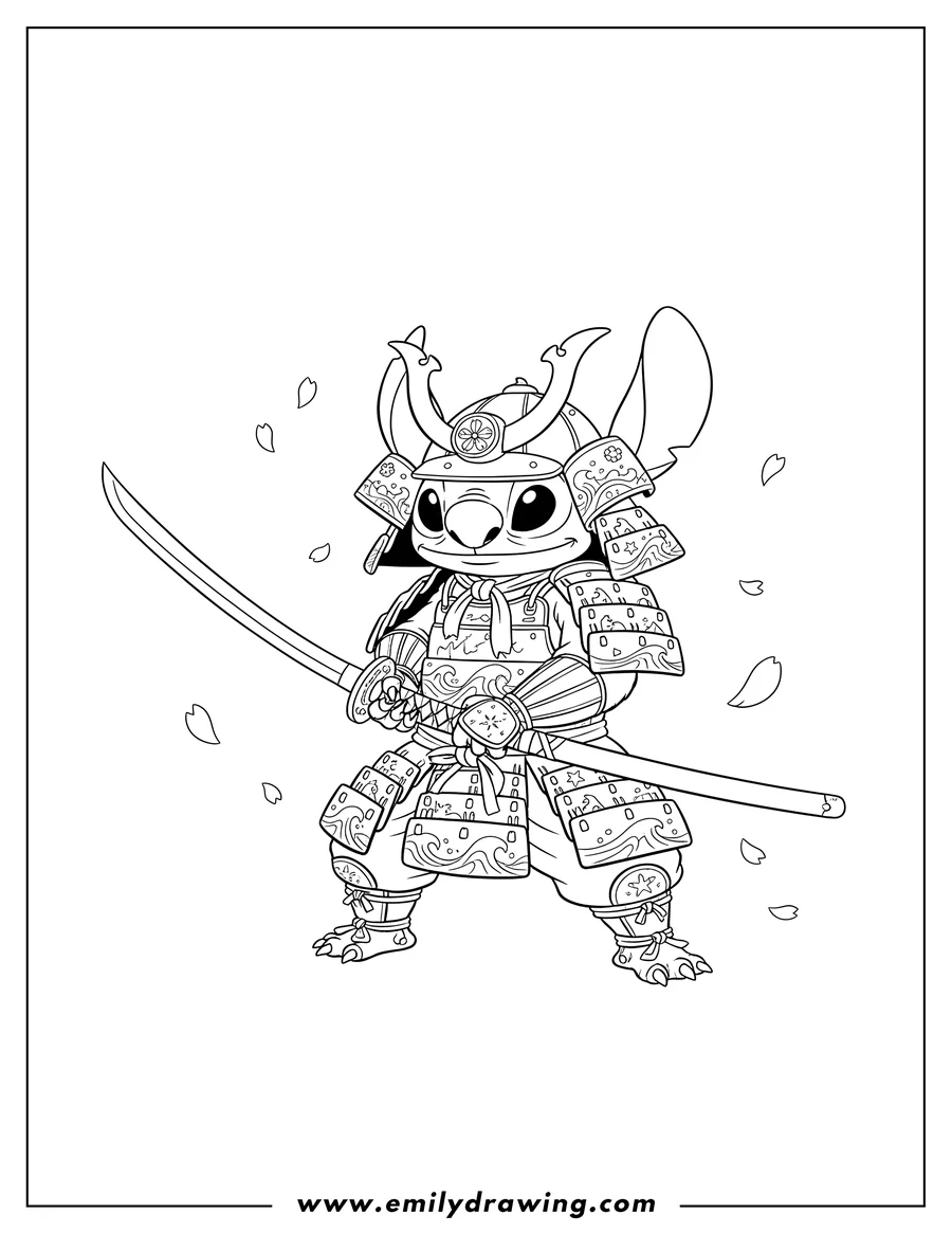 High quality printable samurai Stitch wearing samurai armor and holding a katana for coloring