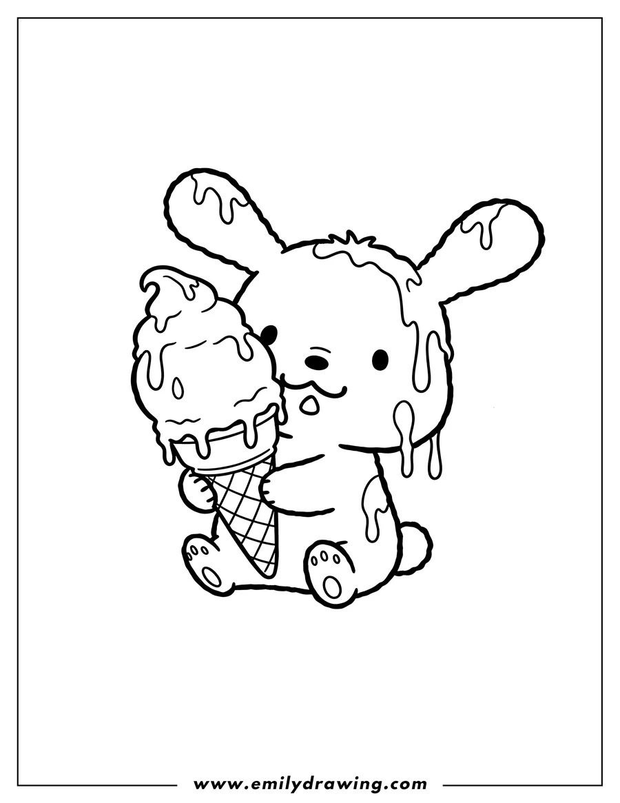 Printable coloring page of sanrio Pochacco holding a large ice cream cone with melting ice cream on his head