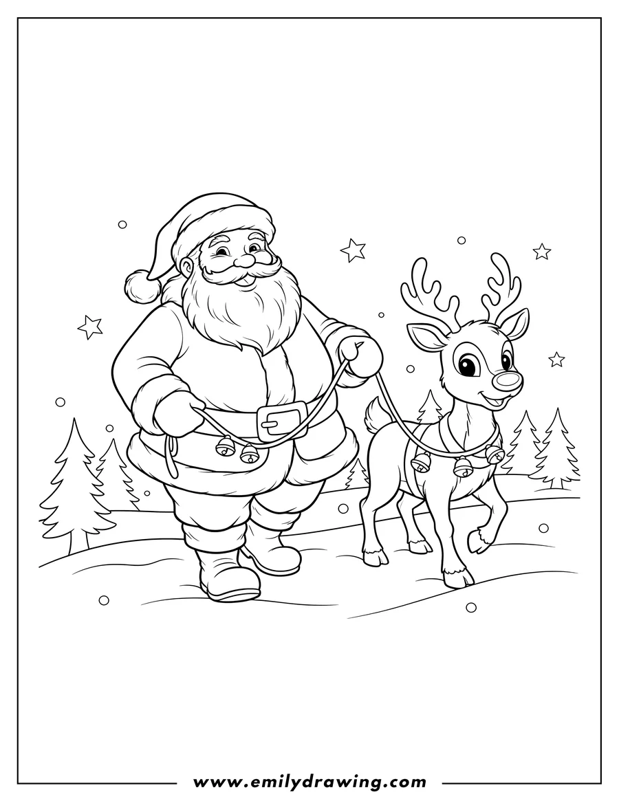 Coloring page for kids: santa leading Rudolph reindeer on a leash To Color Scaled