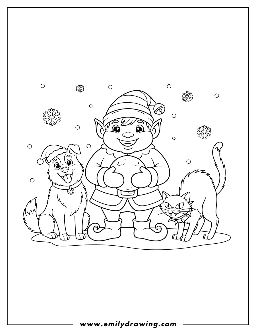 Outline drawing of cute Santa S Little Helper and Snowball, with the dog sitting and the cat crouching with fangs and a spiked collar