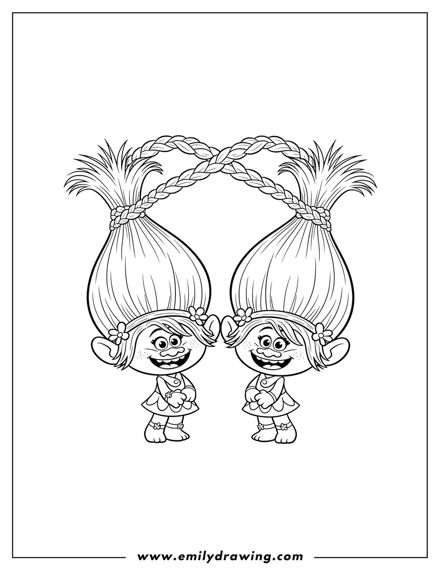 Free printable coloring sheet of satin And Chenille Trolls Preschoolers smiling with tall, arched hair