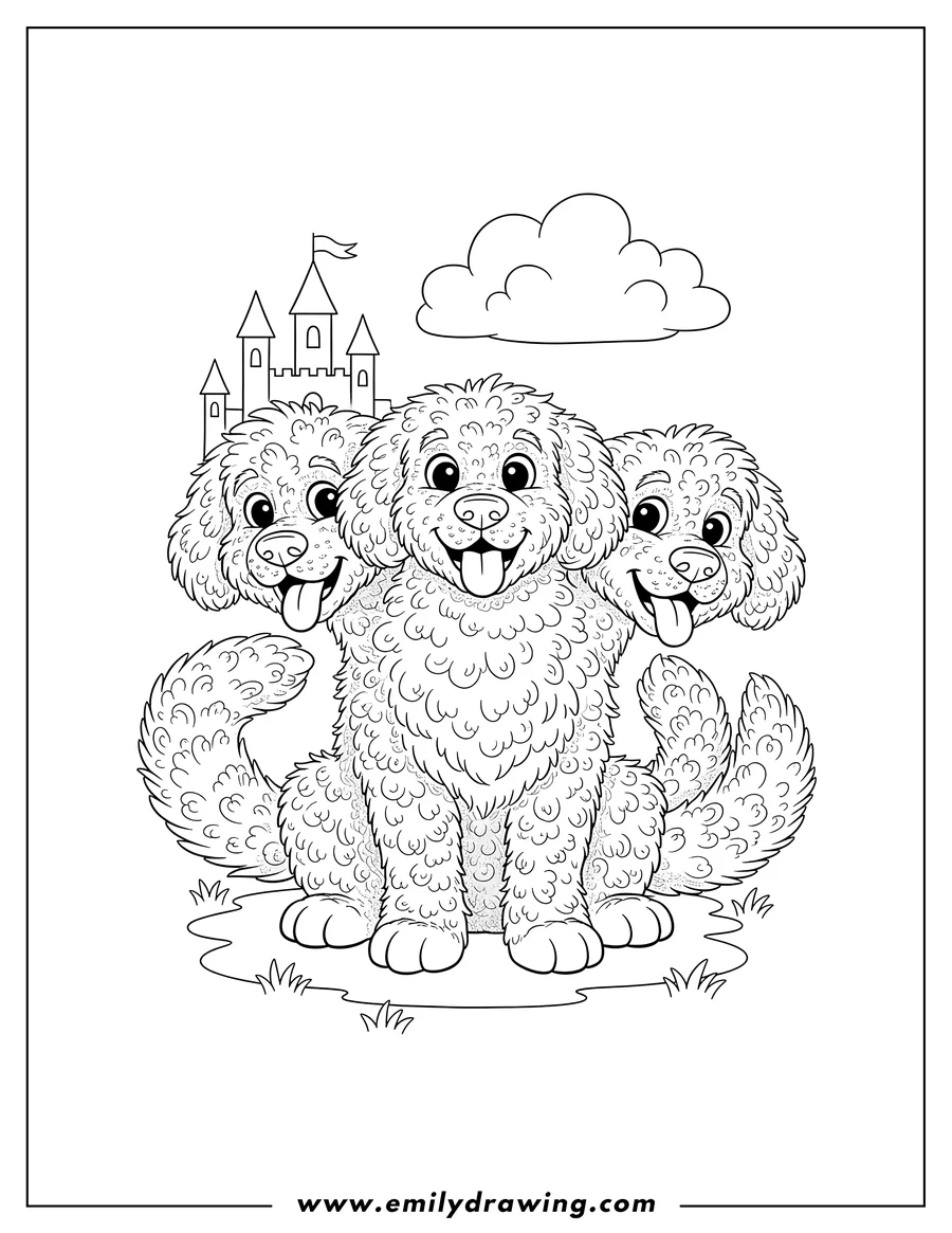 Free printable coloring sheet of scary Fluffy, the three-headed dog