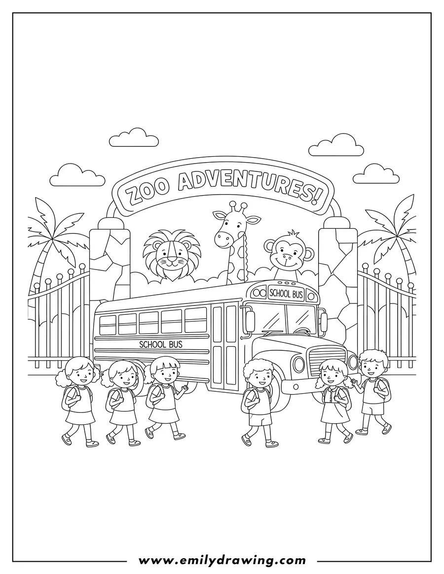 Black and white line art of [Scene]: School Bus Field Trip To Zoo, with children arriving at the entrance and animals peeking