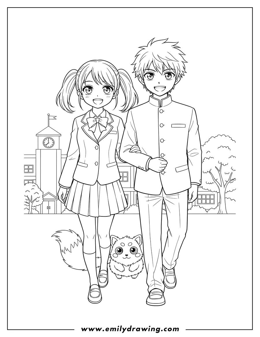 Printable line art of school Days Manga High School Couple, arm-in-arm, with a cute creature peeking