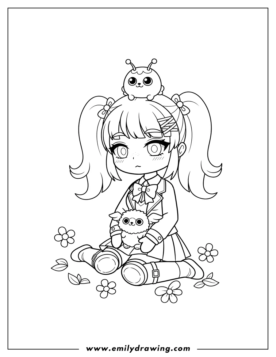 Free printable coloring sheet of A cute Gacha Life school girl sitting down with a small creature on her head and knee pads