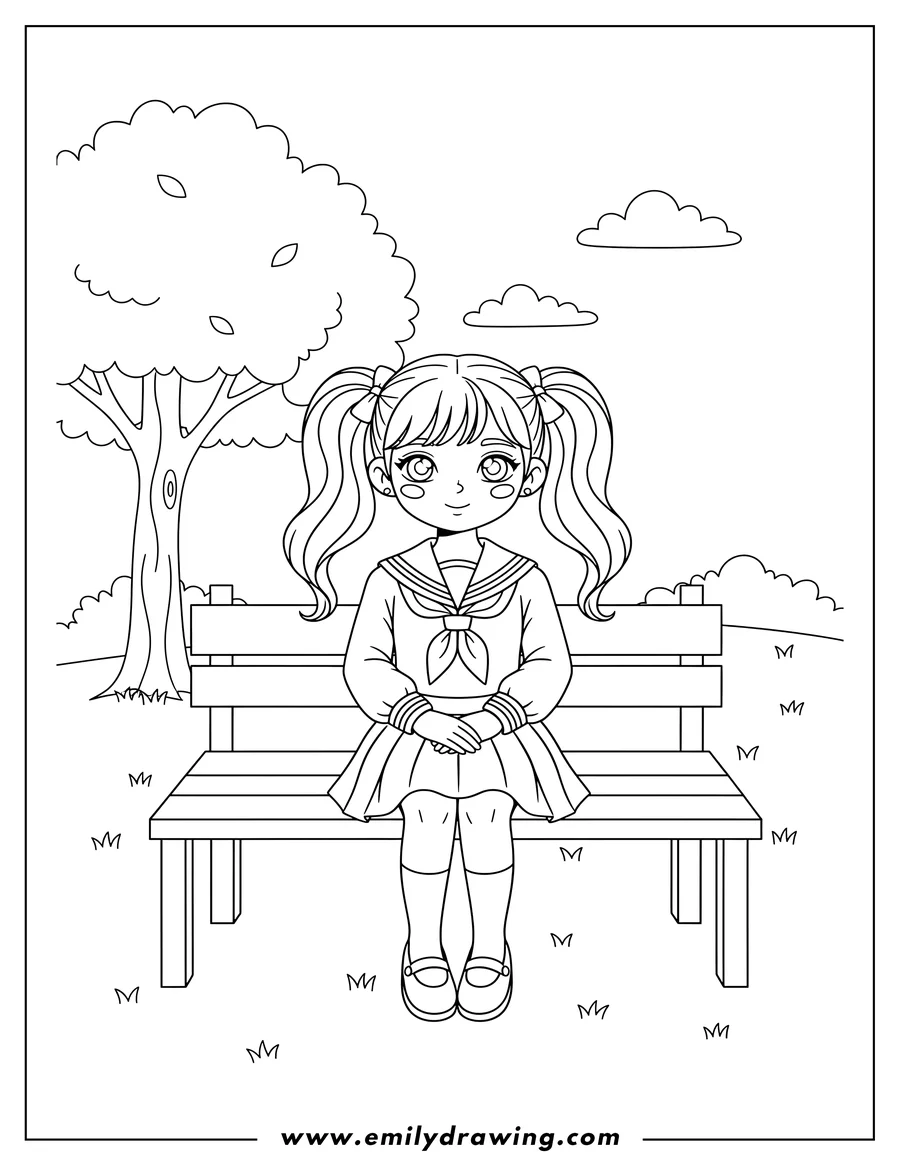 PDF style coloring page: kawaii School Girl with hands clasped, wearing a sailor collar, sitting in a park