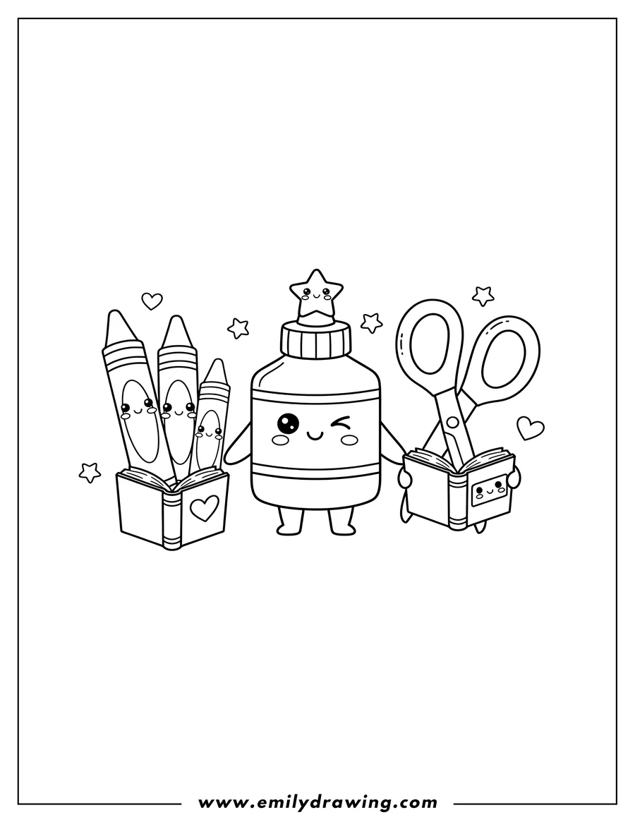 Coloring sheet featuring kawaii School Materials Preschoolers, featuring a glue bottle, scissors, crayons, and books