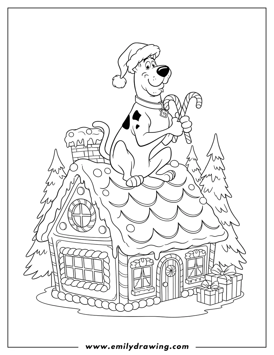 Printable coloring page of christmas Themed Scooby Doo wearing a Santa hat, sitting on a gingerbread house, and holding candy canes