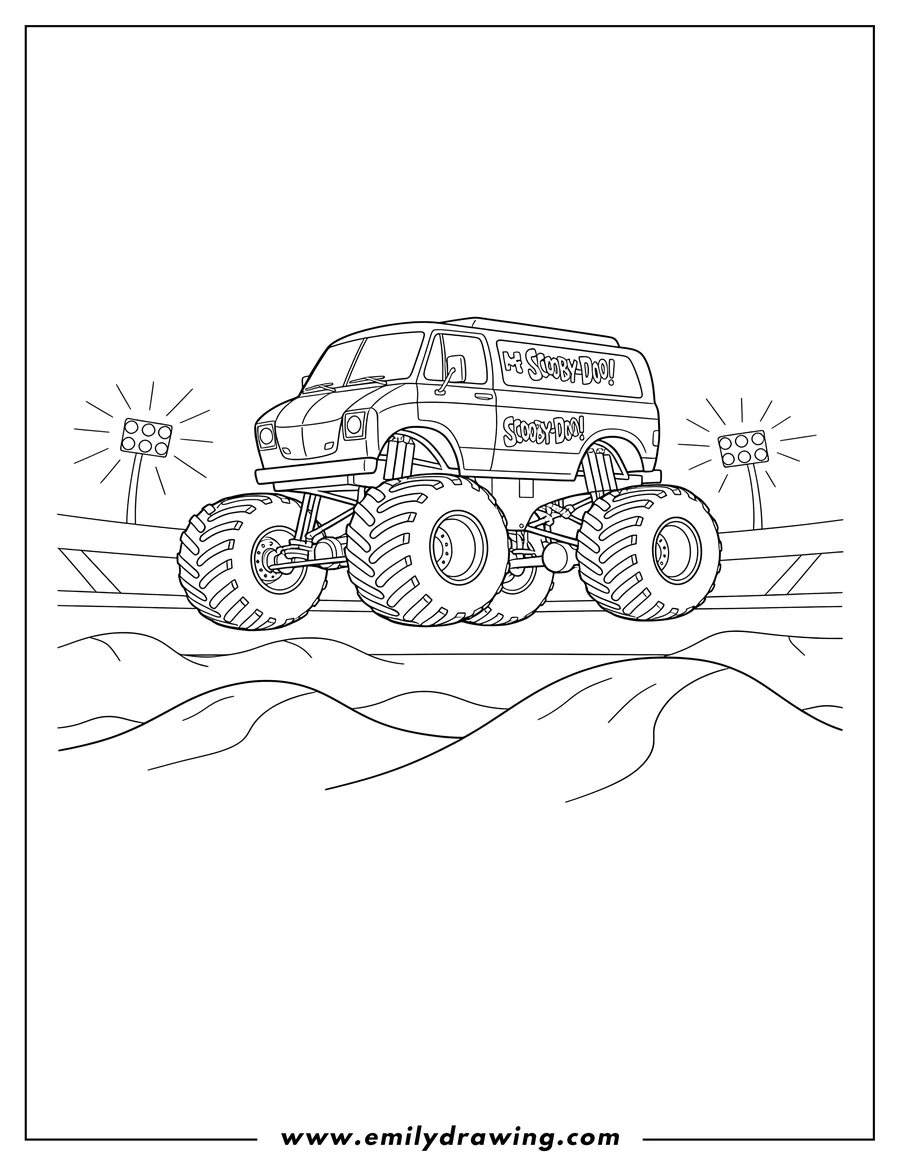 Downloadable coloring page of monster Jam Scooby Doo Truck driving over dirt hills in an arena with race lights