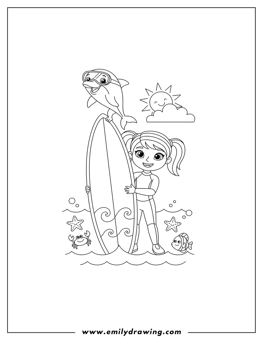 Simple sketch of sea Life Team Stephanie And Dash, Stephanie holding a surfboard with Dash on the board to color