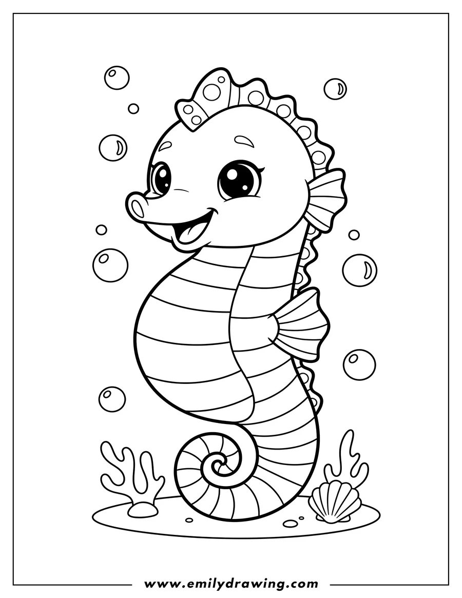 Full page coloring image of kawaii Seahorse smiling, with stripes