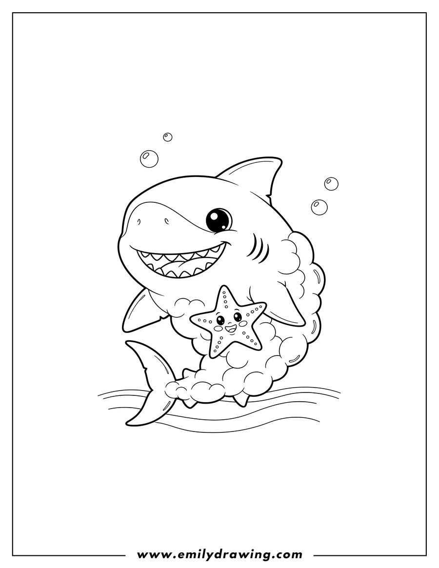 Vector style outline of kawaii Shadow Shark, smiling and holding a starfish