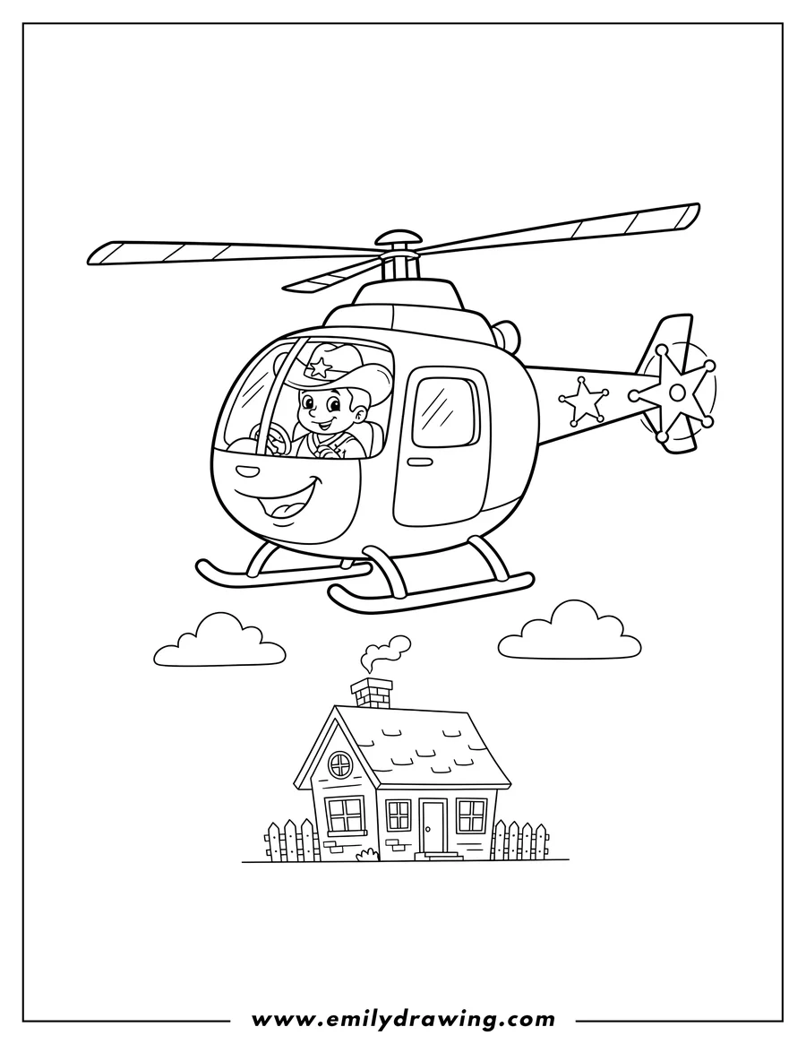 Printable coloring page of sheriff Helicopter with pilot and star flying over a house to color scaled