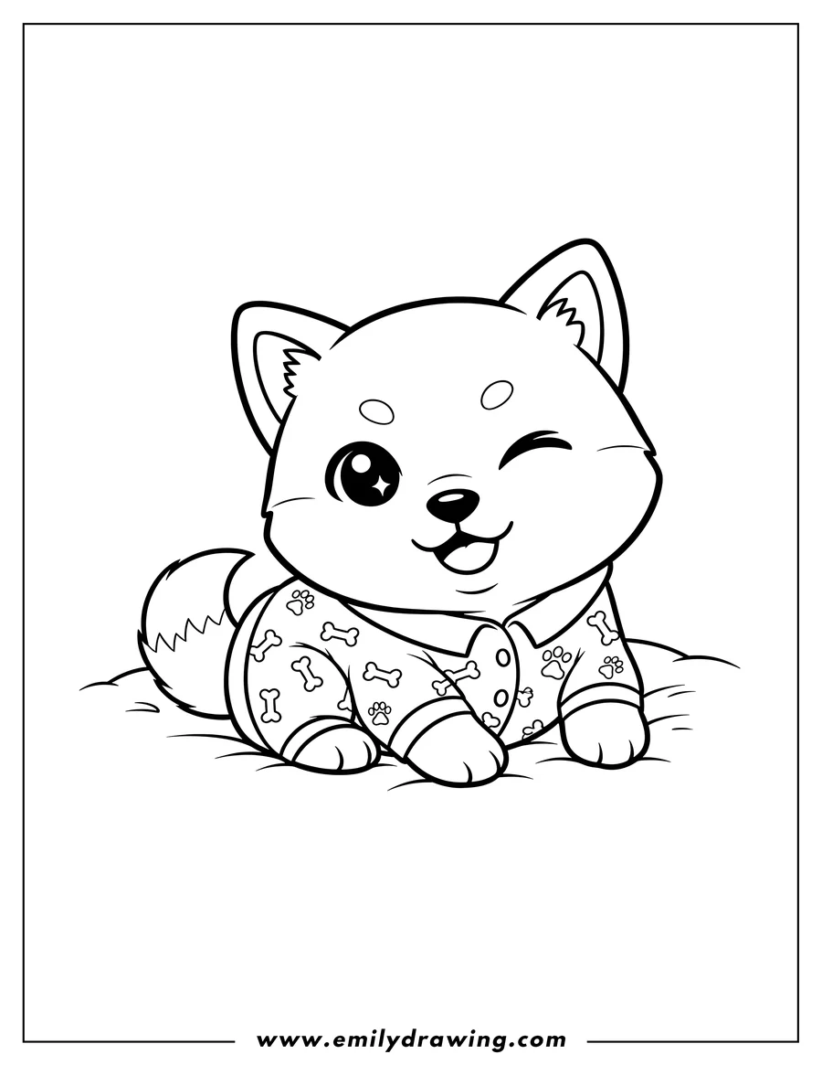 Downloadable coloring page of kawaii Shiba Inu in pajamas, lying down and winking