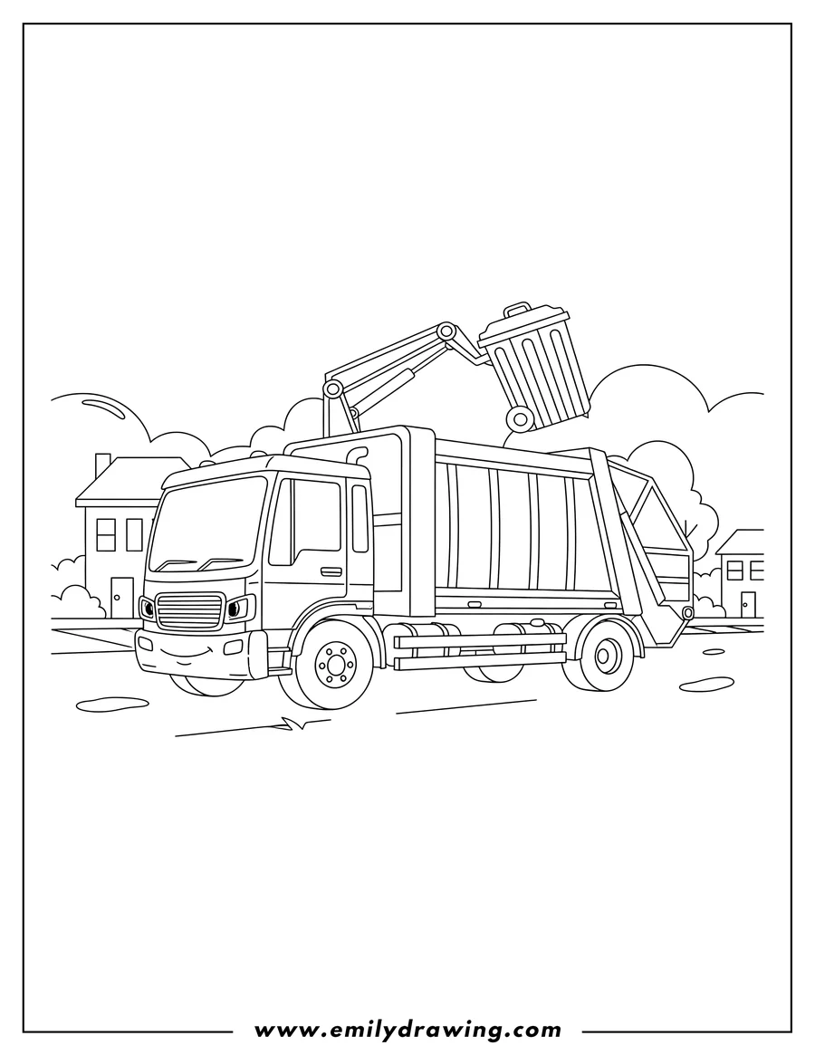 Coloring page for kids: side Loader Garbage Truck picking up a garbage bin