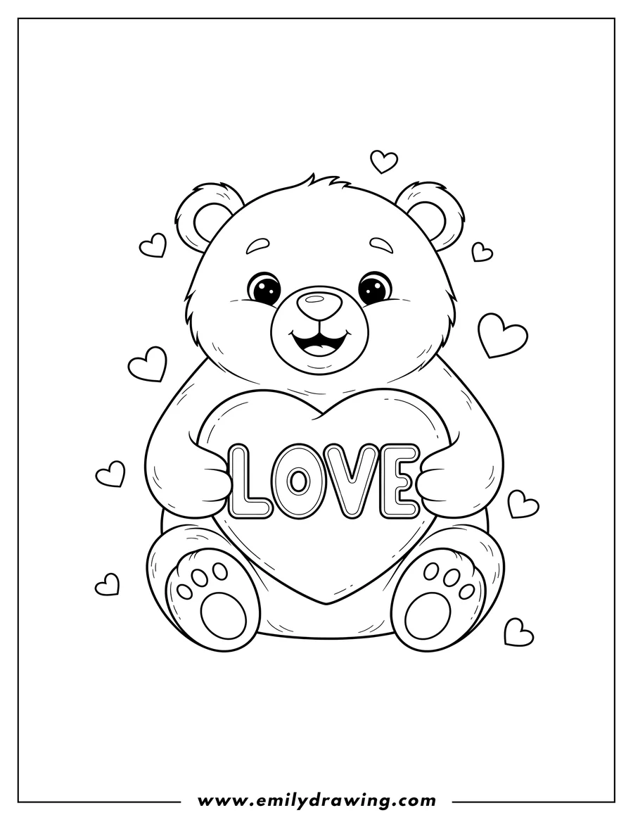 Clean line drawing: sitting bear holding a heart with 'love' written on it for Valentine's Day