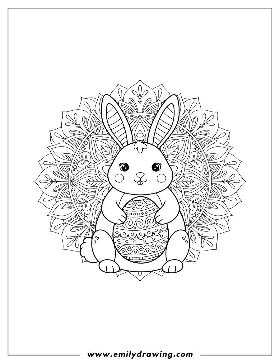 Full page coloring image of sitting bunny holding a patterned Easter egg in front of a flower mandala