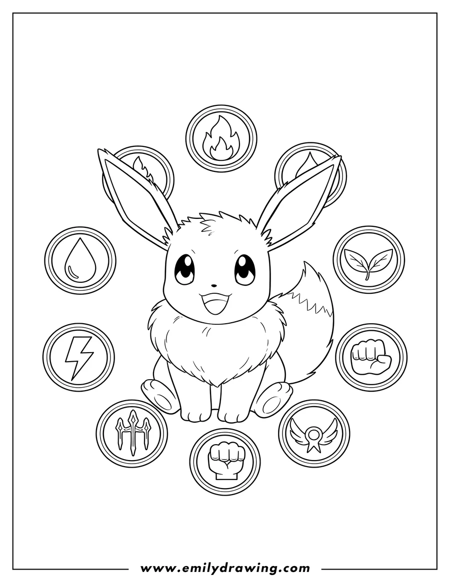 Outline drawing of sitting Eevee Pokemon with circular type badges surrounding it