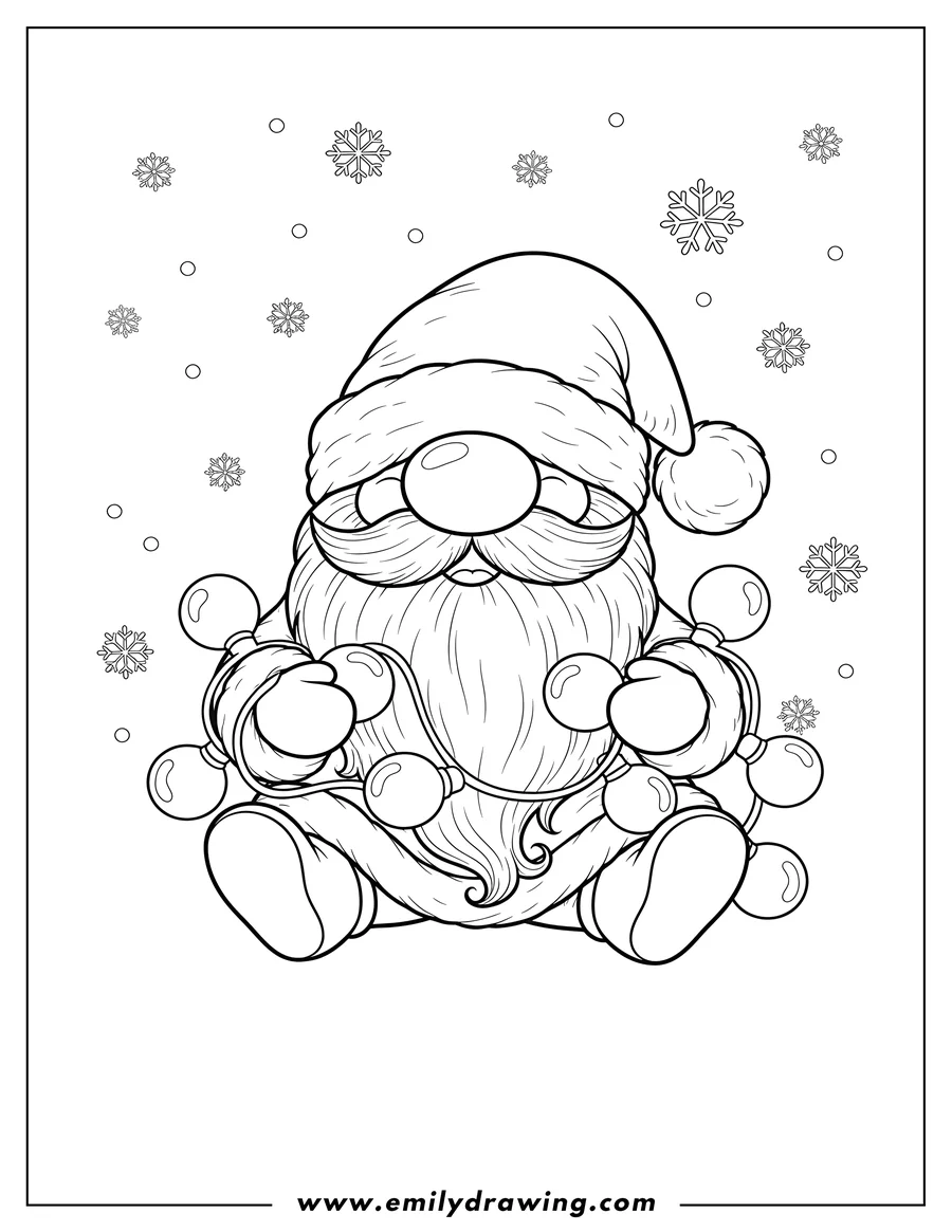 Outline drawing of sitting gnome with a prominent nose and Santa hat, wrapped in Christmas lights, with falling snowflakes