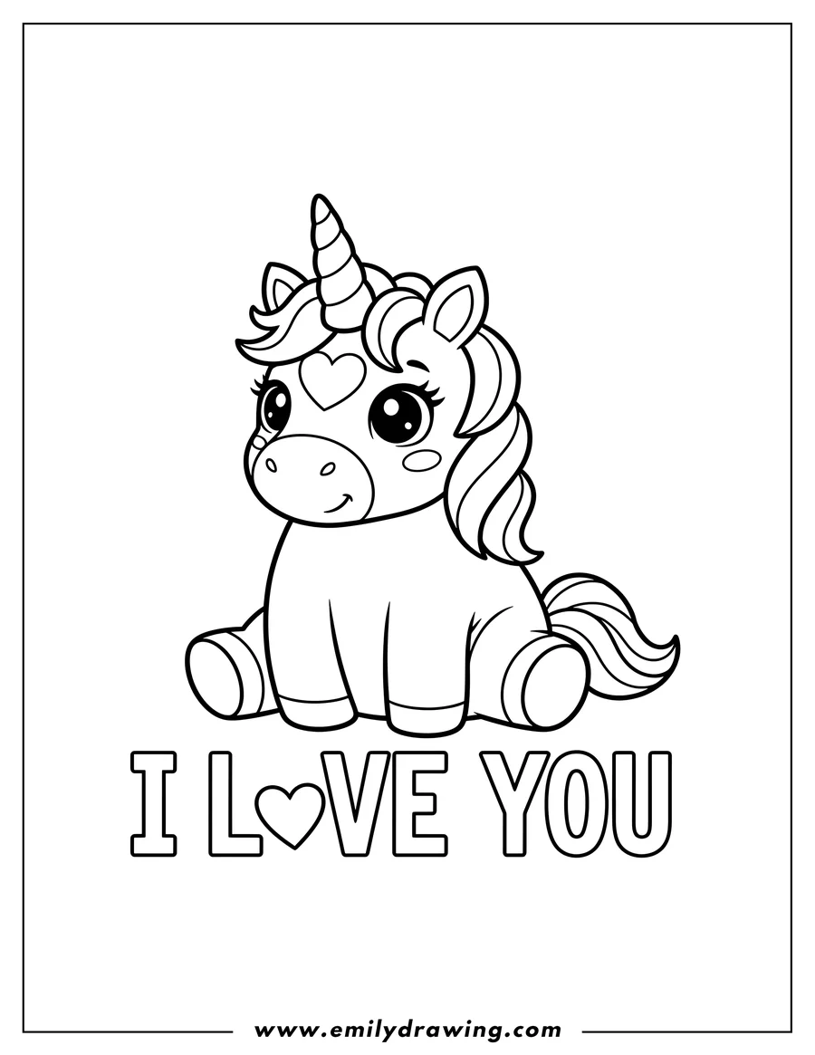 Free printable coloring sheet of sitting Rainbow Unicorn with a heart on its forehead, sparkly eyes, and a big I LOVE YOU greeting
