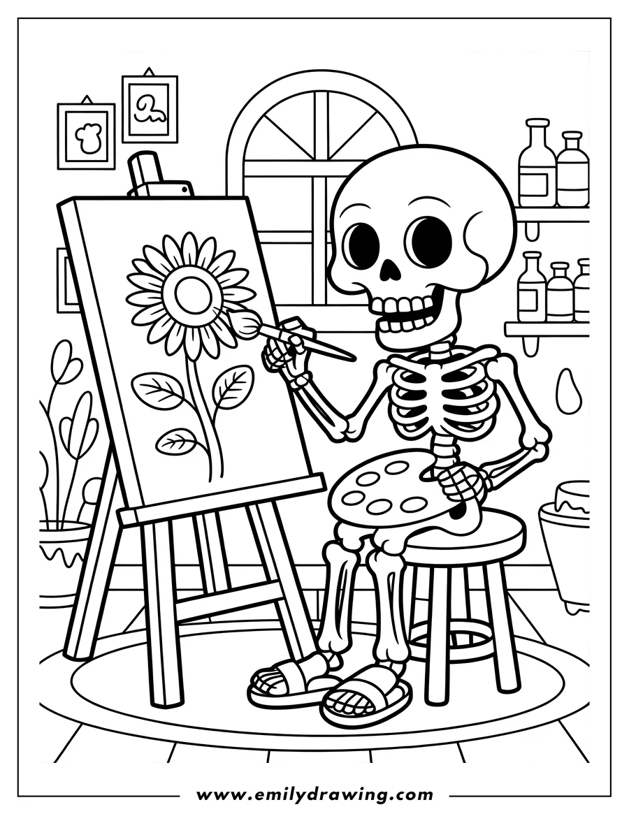 Full page coloring image of skeleton