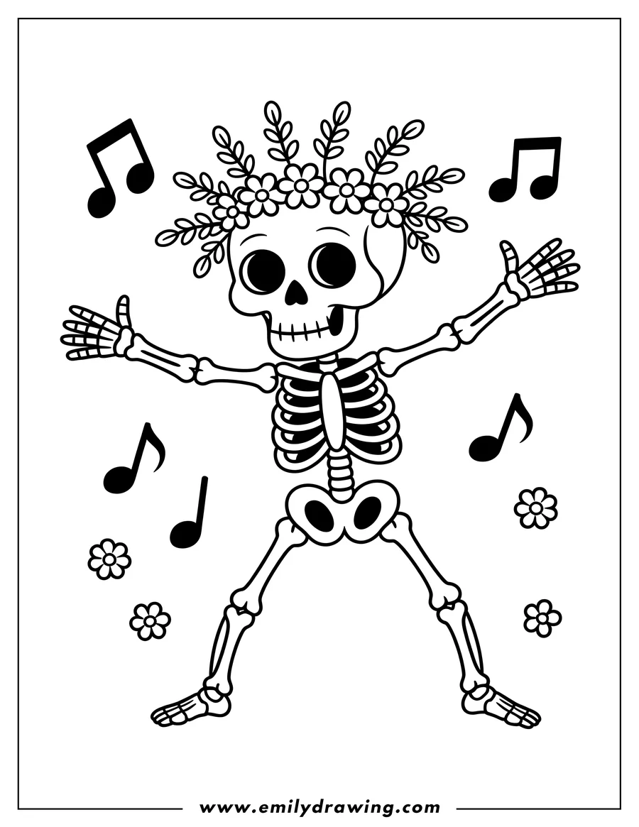 Coloring sheet featuring skeleton