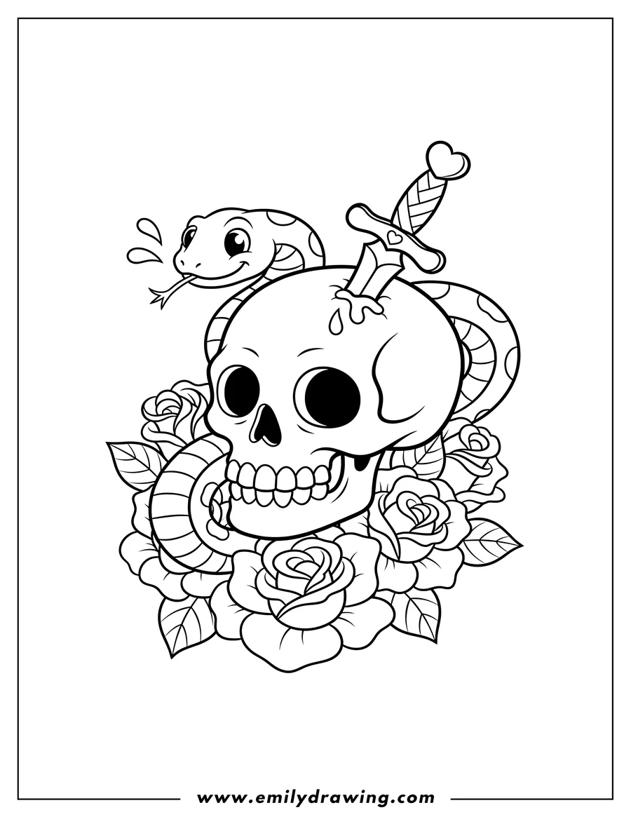 Doodle style coloring picture of skull with a serpent coiled around it, a dagger piercing the skull, and roses with leaves