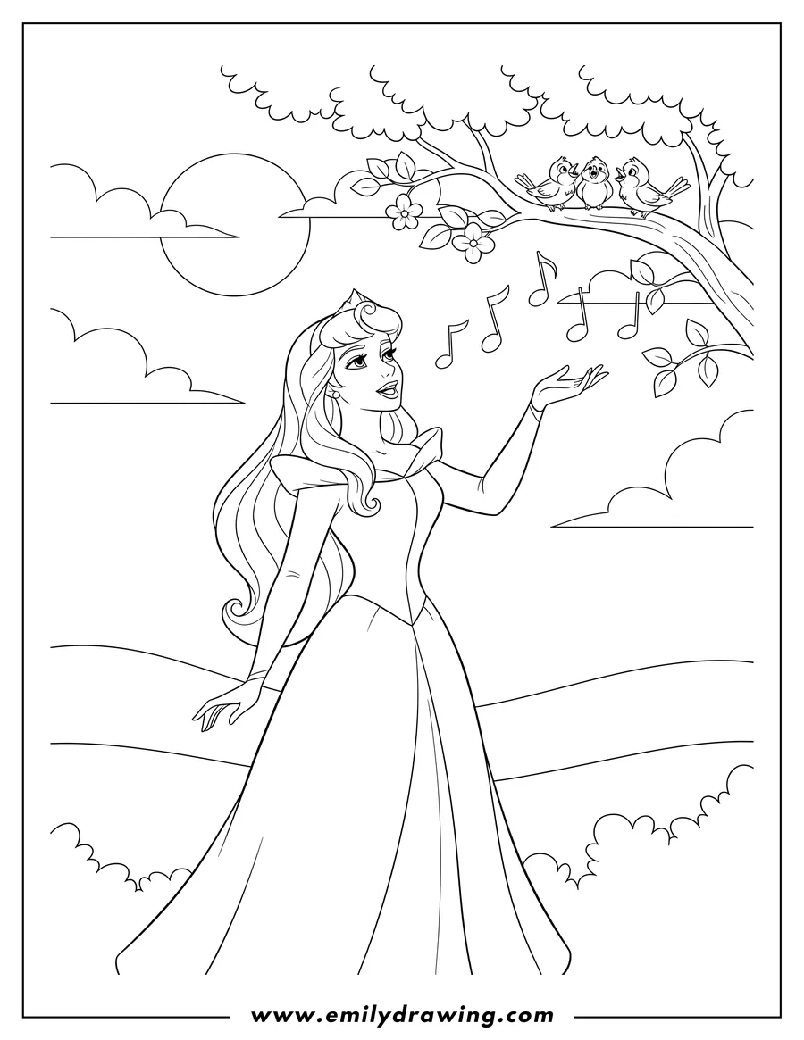 Full page coloring image of sleeping Beauty Aurora Singing To Birds with her arm raised towards birds on a tree branch