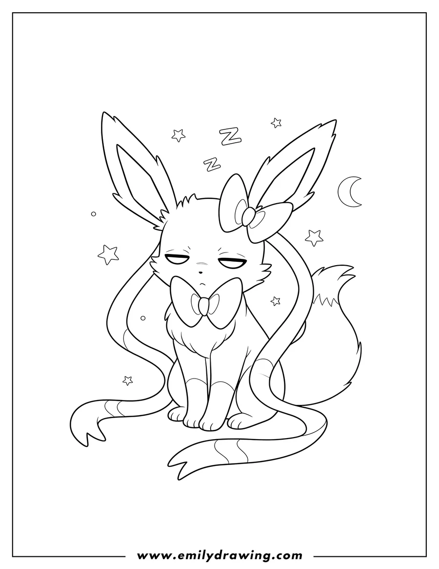 Linear illustration of sleepy Sylveon, sitting with half-closed eyes